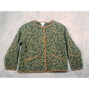 Jones New York Quilted Jacket Medium Green Equestrian Corduroy Trim